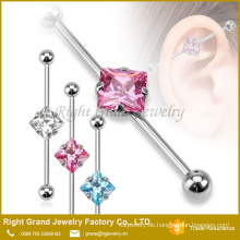 Silver Pink Square CZ Gem 316L chirurgischer Stahl Industrial Barbell Schmuck